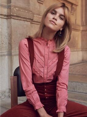 Sezane Rose Pink Scallop Eyelet Button Up Blouse Medium Lightweight
